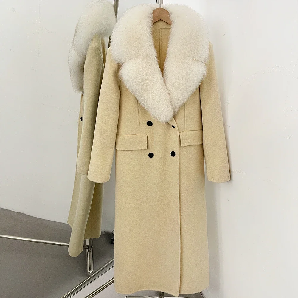 OFTBUY Luxuriöser Doppelreihiger Langer Wollmantel für Damen mit Echtem Fuchspelzkragen, Winter-Wärmejacke, Schlanke Wollkleidung mit Echtpelz – Detail 6
