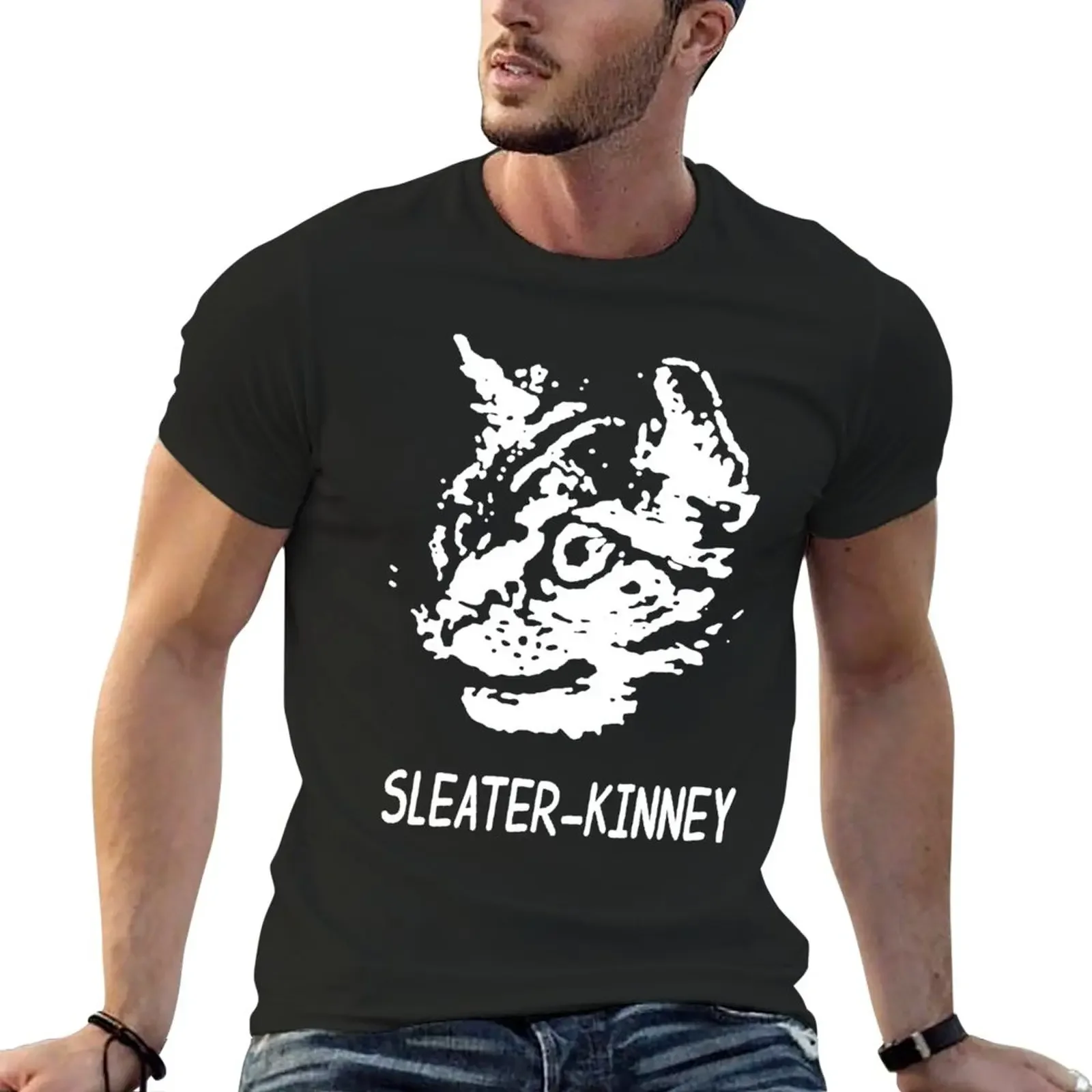 New Art Cat Retro Sleater Kinney Music Band Sticker T-Shirt T-Shirt sweat shirt black t shirt men clothing