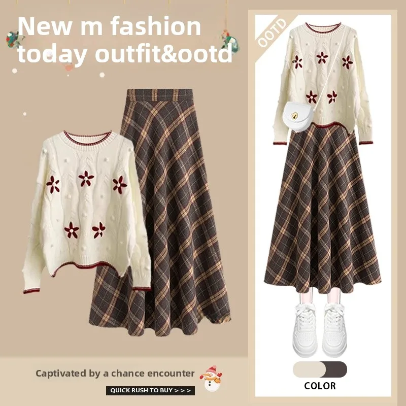 

New Year's Women's Winter Outfit Fufu Lazy Style Age-Defying Knitted Top And Plaid Skirt Two-Piece Set High Waist Midi S...