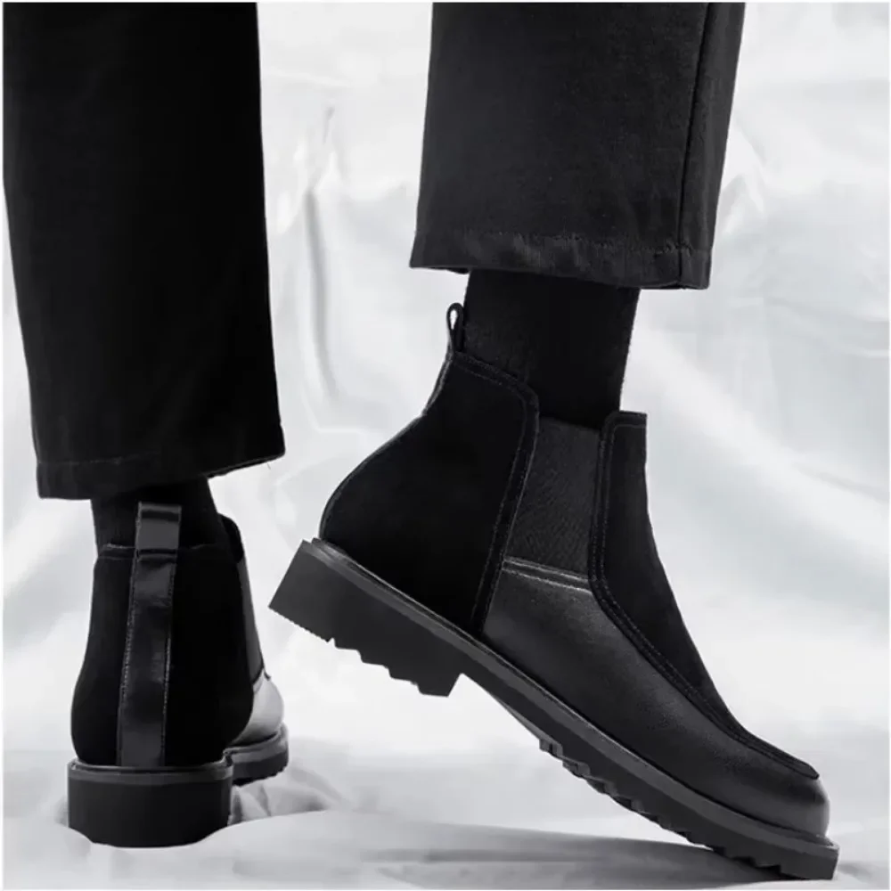 Leather Boots for Men\'s 2026 Winter New Leather British Style Chelsea Mens Botas Trend Versatile Shoes Plush High Top Male Boots