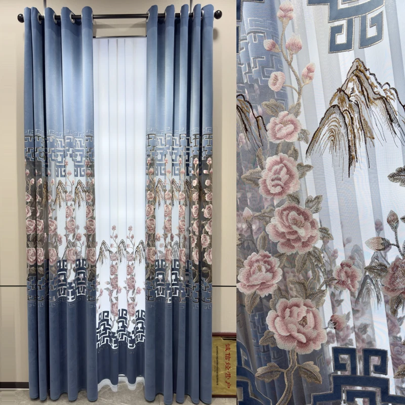 Chinese High-end Landscape Embroidery Flannelette Hollow Curtains for Living Room Bedroom Villa French Window Customization