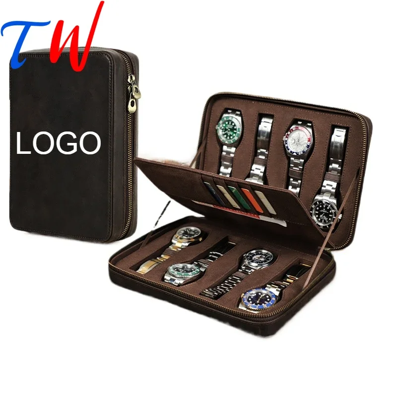 8 Slots Personalized Customized Logo gift Classic Retro Zipper Genuine Leather Watch Organizer Storage Case Box Packaging OEM