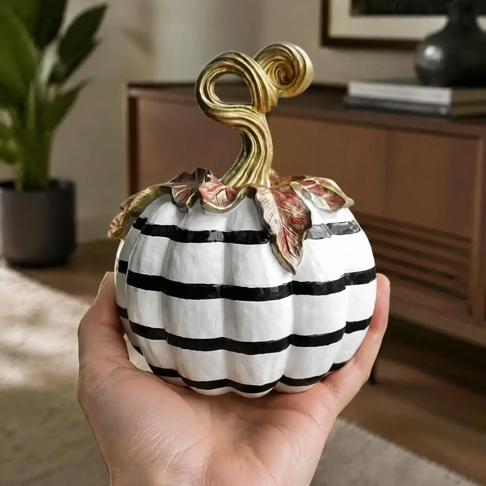 Autumn Table Centerpiece Retro Black White Striped Decor Black White Striped Pumpkin Ornament Retro Resin Tabletop Centerpiece