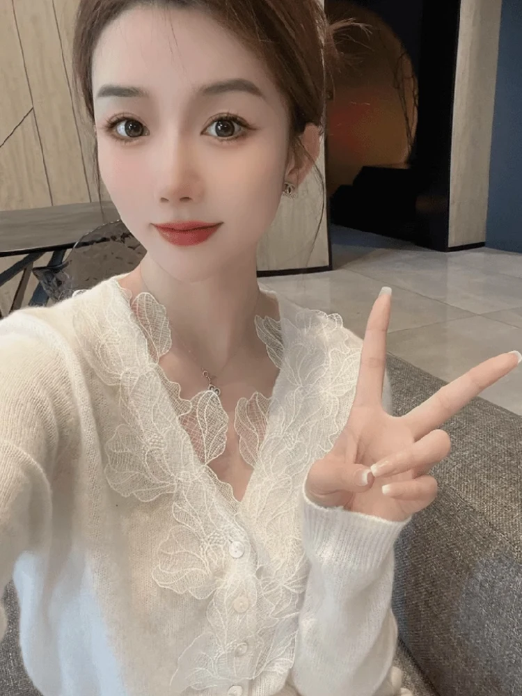 

Ретро-кардиган с длинными рукавами, вязаный, с кружевными вставками, дышащий, для создания молодого и модного образа