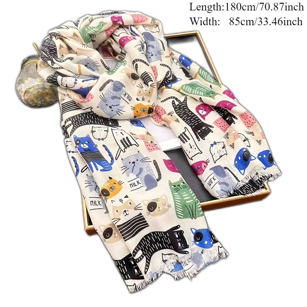 Lovely Animal Cartoon Cute Cat Pattern Fringe Viscose Scarf Lady Girls Print Soft Shawls and Wraps Pashmina Muslim Hijab Sjaal