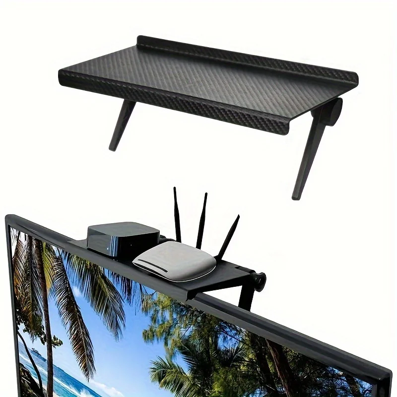

Carbon Fiber No Drill TV Stand for Router and Set Top Box Built in Cable Management Living Room Entertainment Organizer