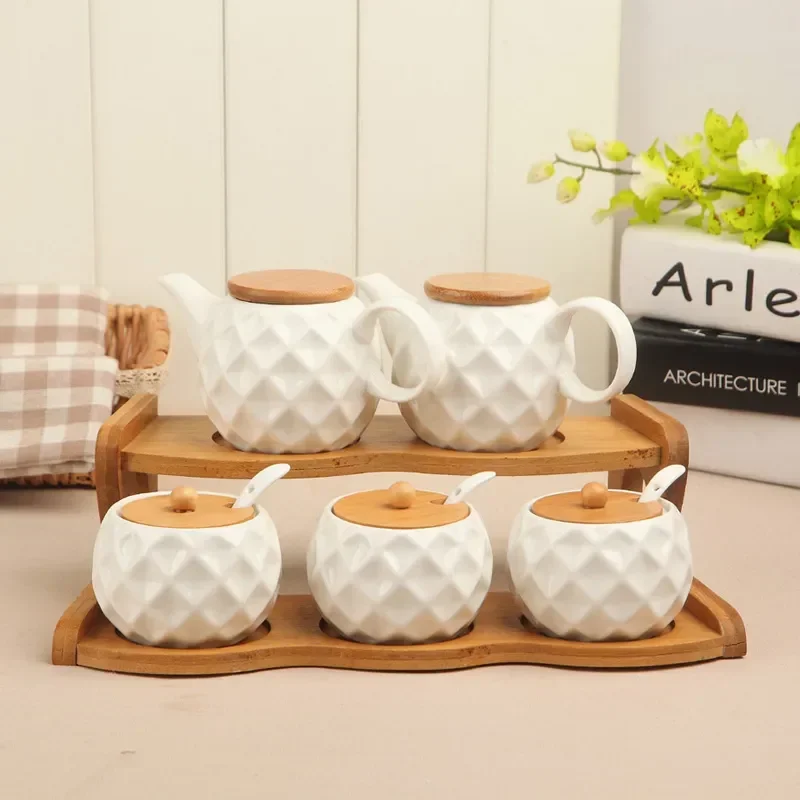 1-6pcs/Set Ceramic Seasoning Jar Kitchen Supplies Spice Box Kit with Wood Tray 190ml Sugar Can Salt Shaker Chili Storage Pot - view 2