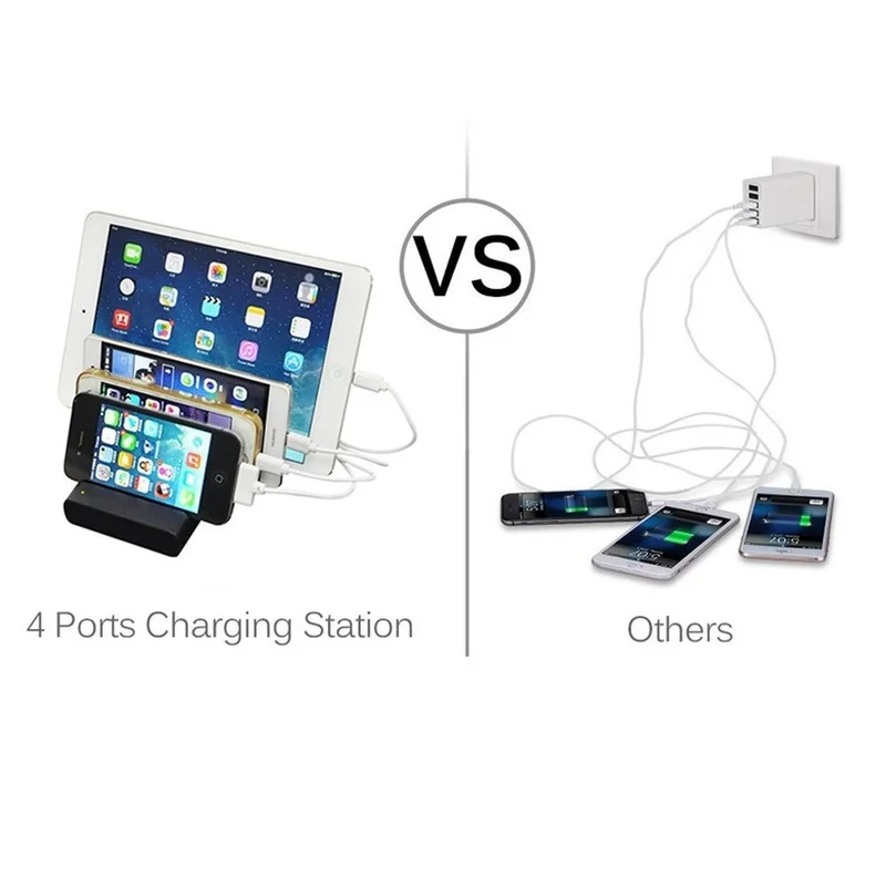 Multi Port USB Phone Charger Holder, 4 Portas Station Dock, Stand Hub, Base para Telefone, Tabelas, Relógio, Power Bank Charger, Carregamento Rápido