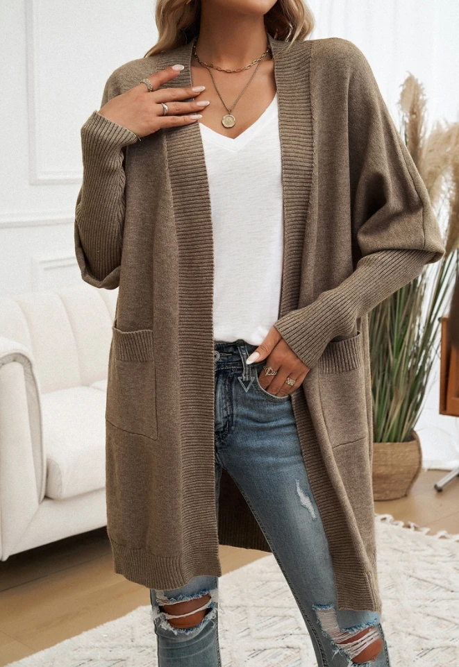 100pcs in stock women's batsleeved temperament cardigan solid color sweater jacket (Ships within 48 hours)