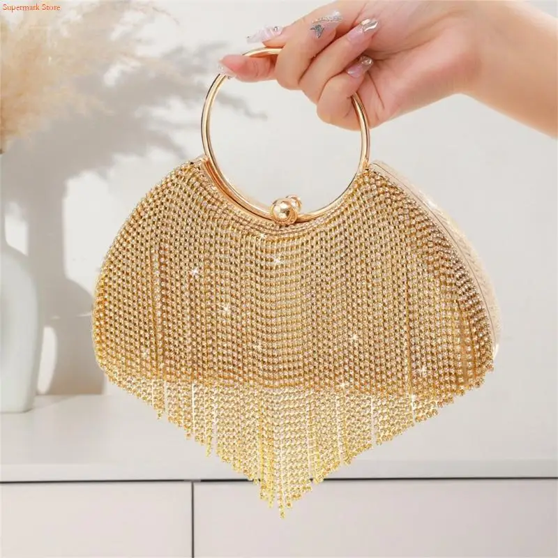

Q5WE Women Evening Bag Stylish Crossbody Bag with Removable Chain Tassels Handbag Purse Rhinestones Shoulder Bag for Wedding