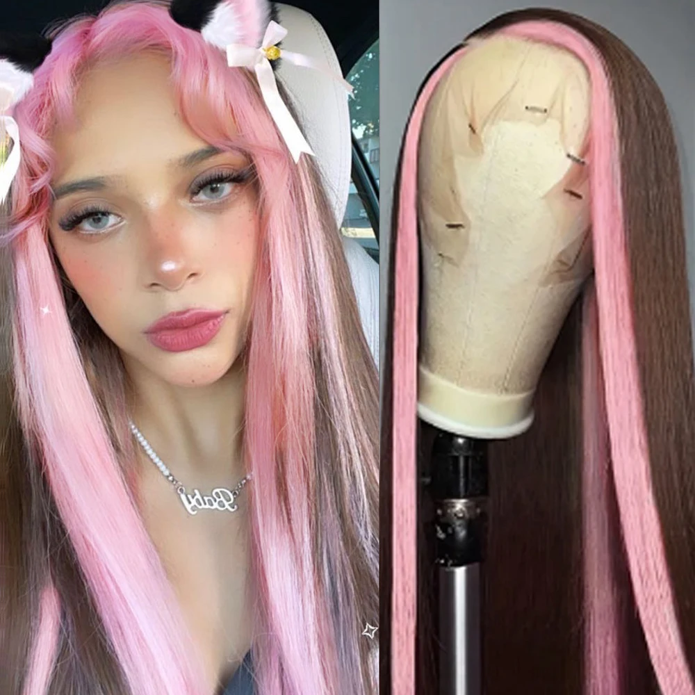 Highlights Pink Wig Synthetic Lace Front Wigs For Women Pink Highlights Wigs Brown Long Silky Straight Lace Hair Cosplay Party