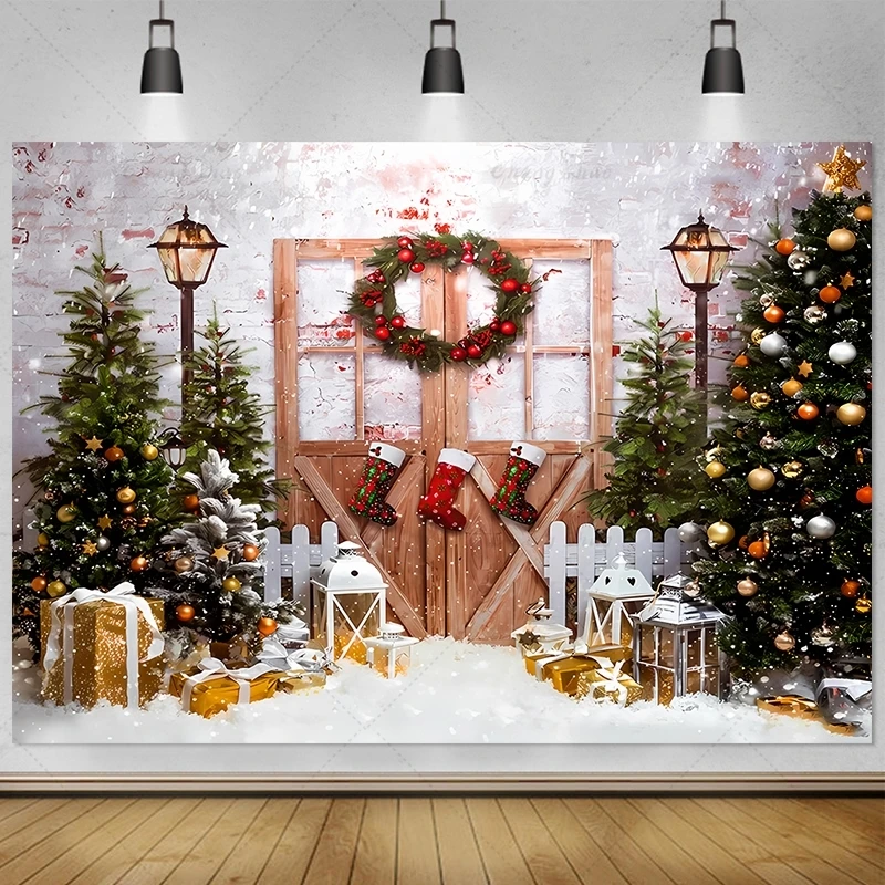 Christmas Backdrop Xmas Tree Fireplace Window Gifts Santa Claus Brick Wall Winter Adult Family Party Baby Photography Background