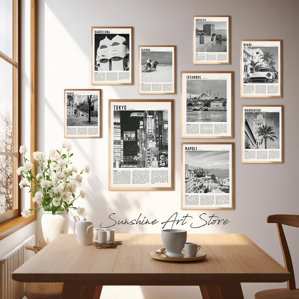 Black and White Travel Art Antalya Naples Marrakech Djerba Istanbul Türkiye Vintage Poster Canvas Painting Wall Pictures Decor