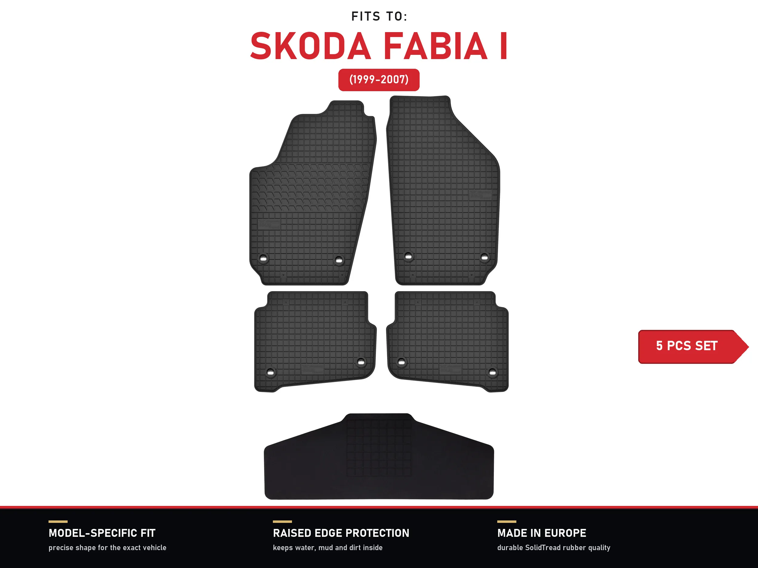 Rubberen vloermatten met tunnel voor: Skoda Fabia I 1999–2007, 5 stuks
