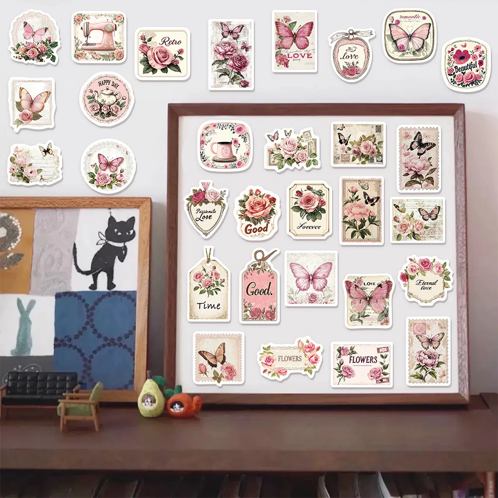 30PCS Retro Pink Romantic Fun Stickers DIY Luggage Notebook Water Cup Desktop Waterproof Stickers