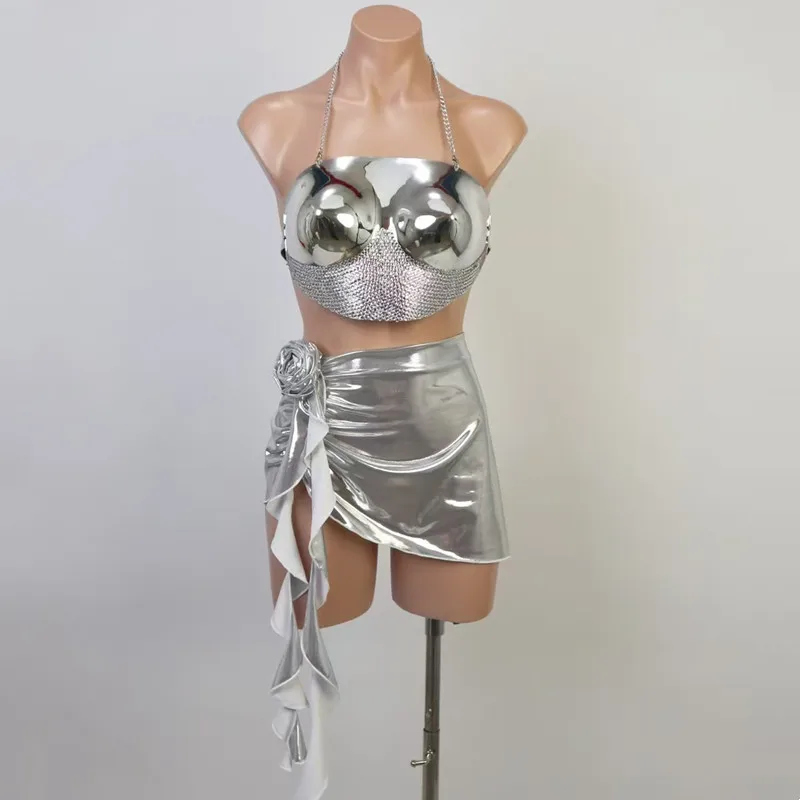 ملهى ليلي بار المرأة المغني مثير المرحلة ارتداء الذهب الفضة الراين حمالة تنورة صغيرة 2 قطعة مجموعة تظهر سحب الملكة زي #3