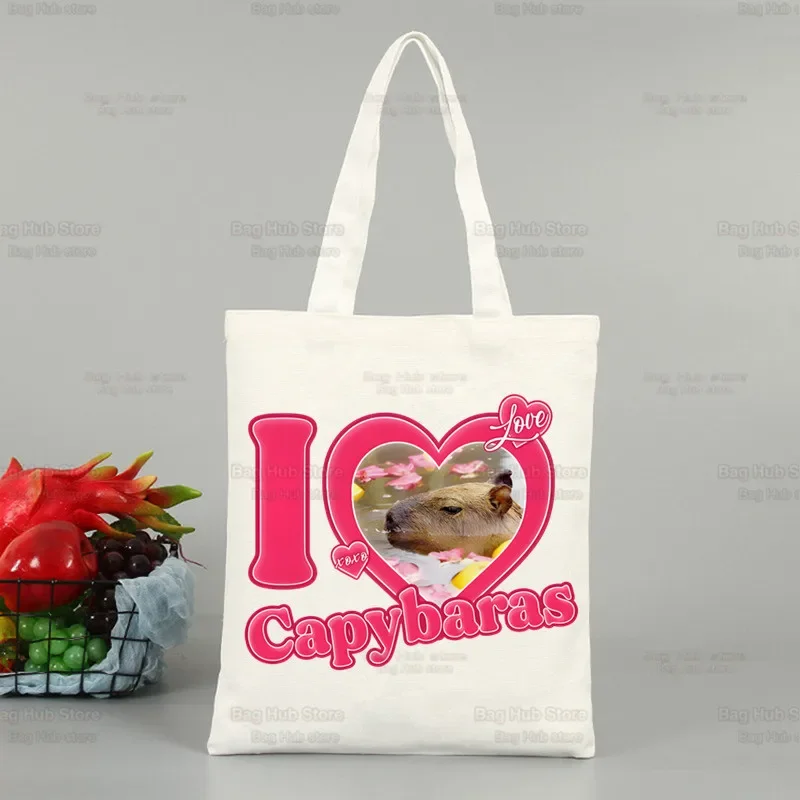 Funny Animals Capybara Cartoon Cute Women Canvas Tote Bag Eco Shopping Bag Large Shoulder Bag Women Foldable Beach Shopper