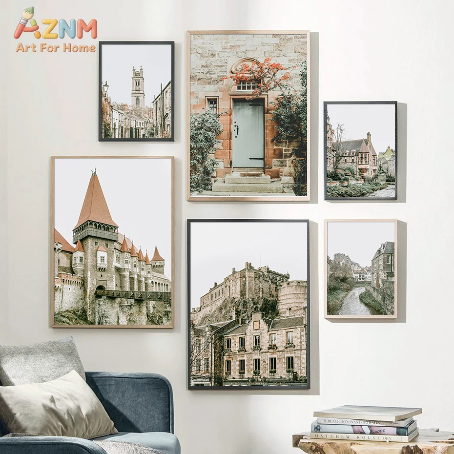 AZNM Vintage European Castle Cityscape Canvas Wall Art, Retro Old Town Stone Building Architecture Landscape Photography Paintin