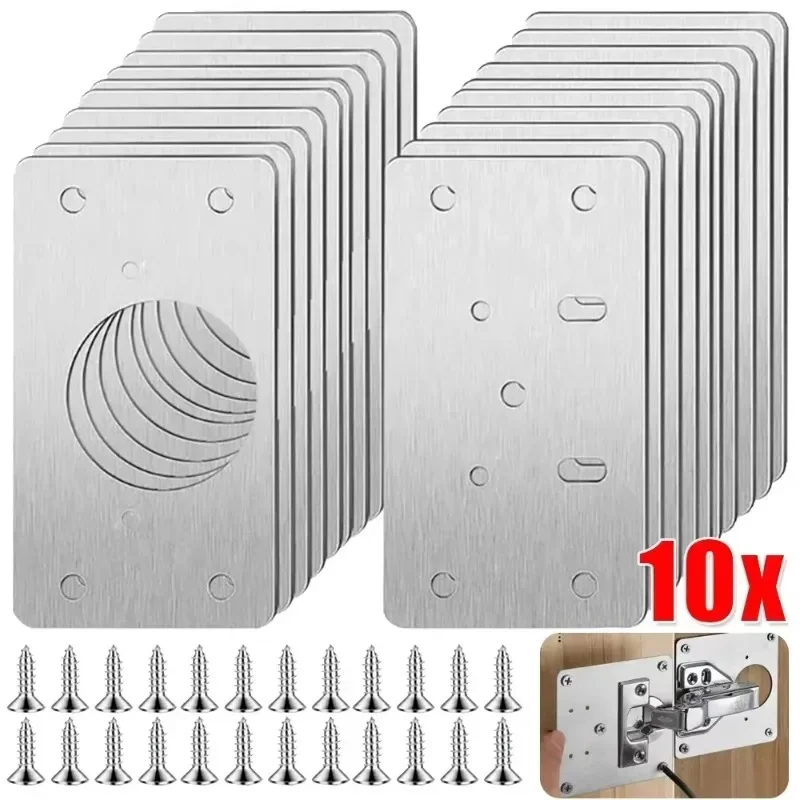 10Pcs Cabinet Hinge Repair Plate Kit Stainless Steel Door Hinge Mounting Plate With Holes For Home Kitchen Cupboard Furniture