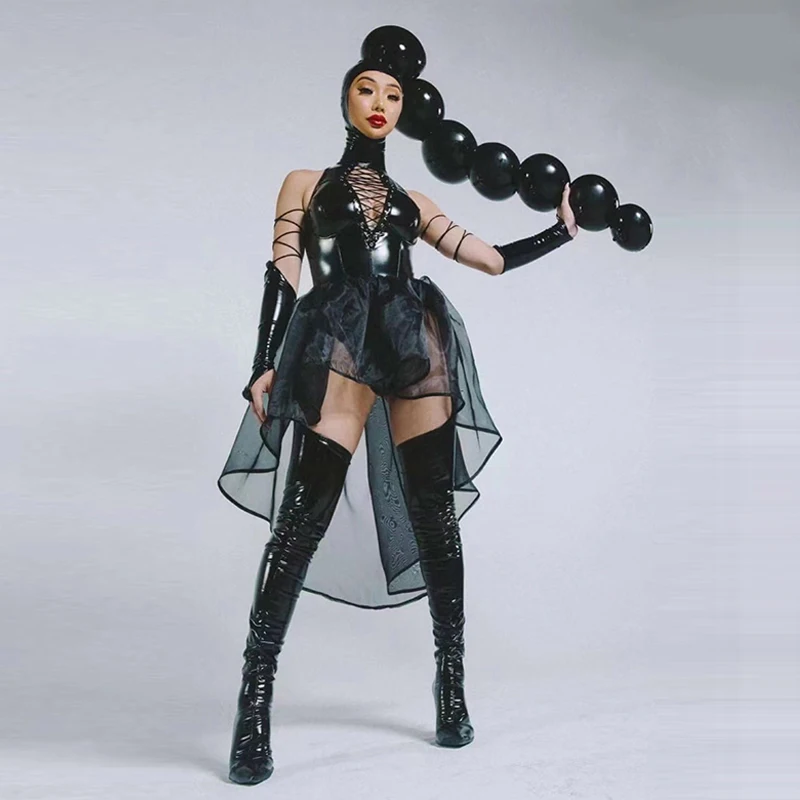 

Костюм для выступлений с эффектным головным убором, боди из искусственной кожи для певцов и танцоров, одежда для дрэг-квин, наряд для рейва, фестивальная одежда