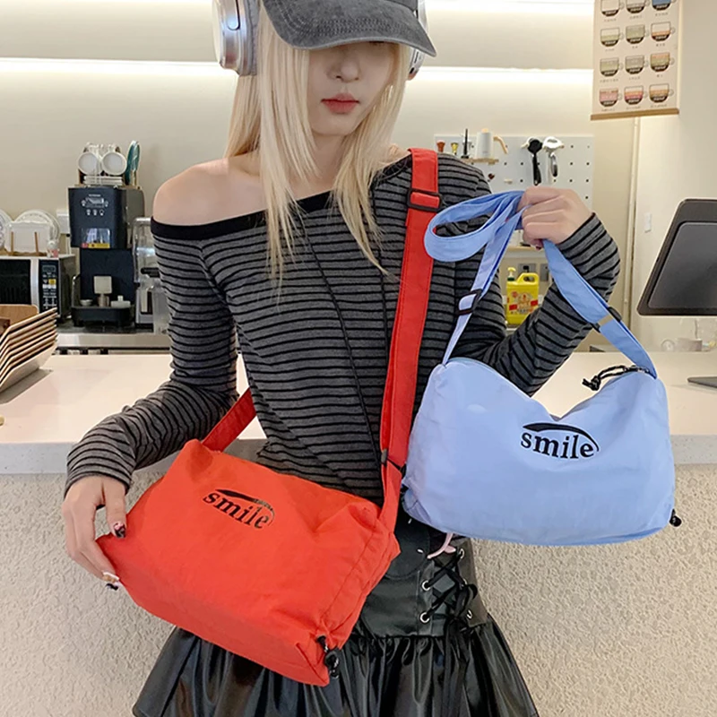 

Korean long Strap Shoulder Bag Versatile Rope Crossbody bag Letter Printing nylon Purse Minimalist Women Macaron Underarm Bags