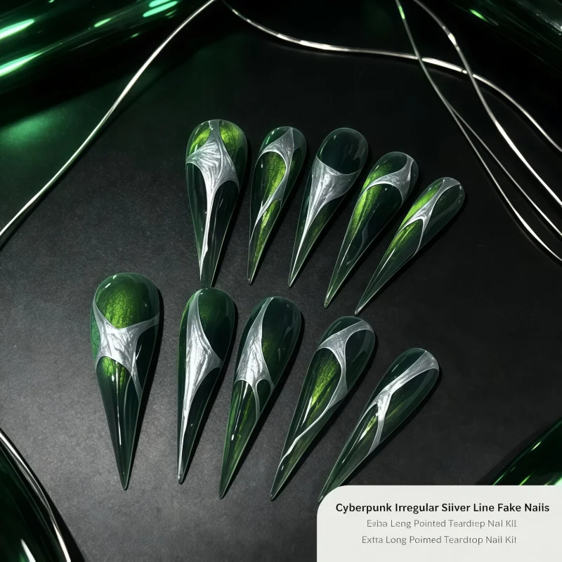 2026New 10PCS Green Cat Eye Stiletto Press On Nails, Hand Drawn Silver Irregular Line Gloss Long Point False Nail Tips