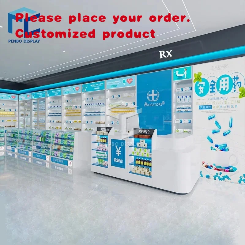 custom.Custom Medical Shops Furniture Blue White Color Drugstore Pharmacy Design Wooden Pharmacy Shelves Decoration Medicine