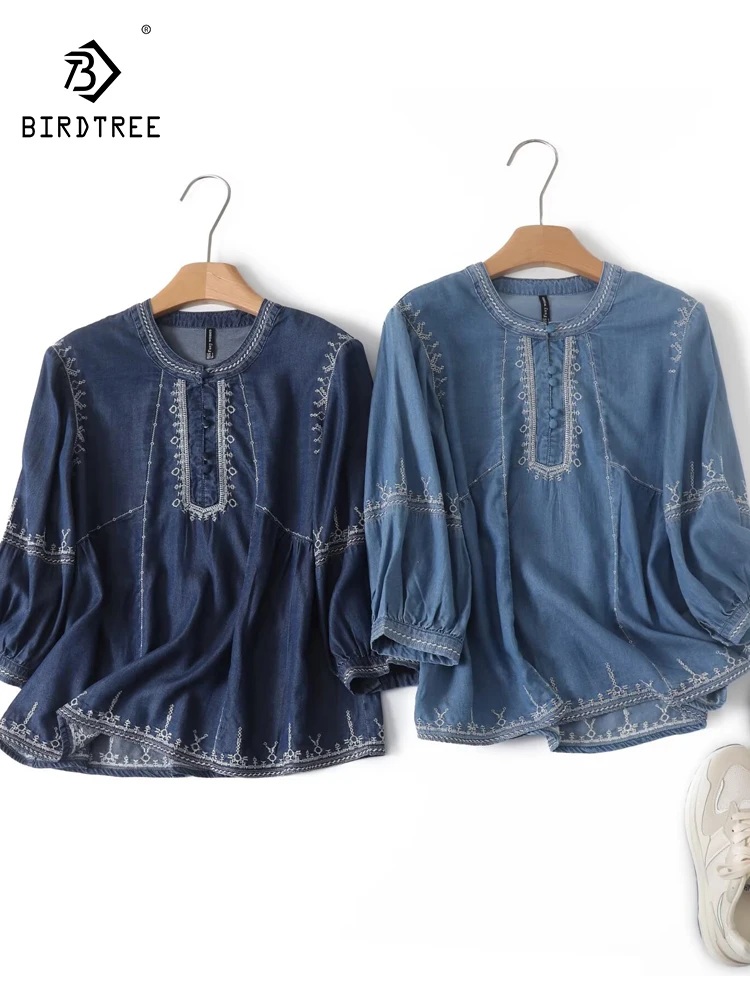 

Новинка 2023 года, летняя джинсовая рубашка с рукавами 3/4, женская джинсовая рубашка с круглым вырезом и вышивкой, винтажная свободная кукольная блузка в японском стиле Mori Girl T55924CC