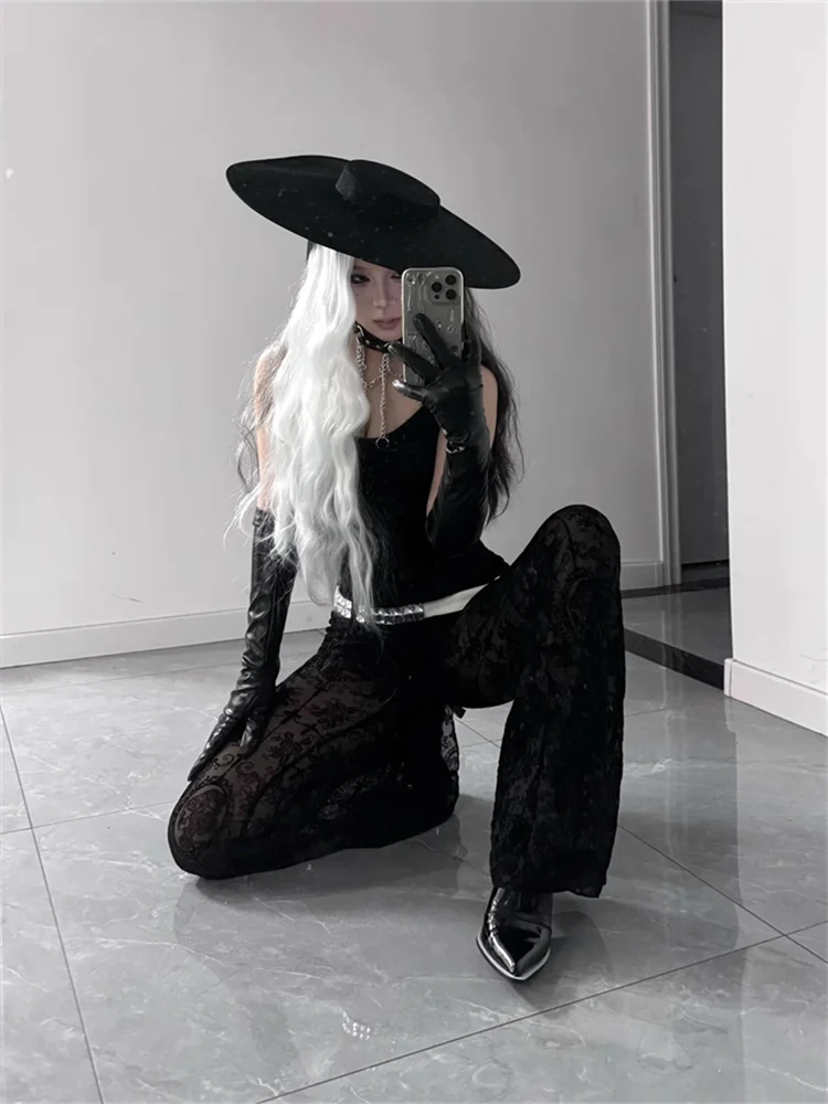 セクシーなシースルーレーススカルハイウエストパンツ レディース 2025 パンク ゴス パーティー フレアパンツ ストリートウェア ブラック スリムフィット ボトムス