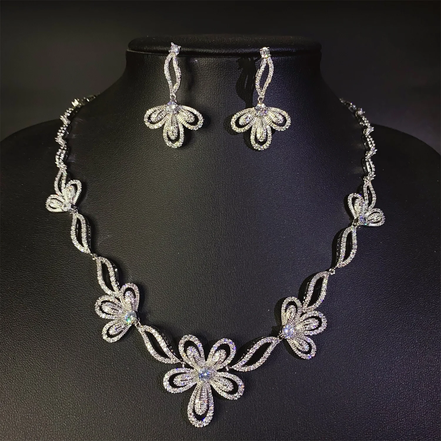 silver color zirconia flower necklace earrings jewelry sets 2pcs wedding dinner party anniversary gift women jewelry sparkly