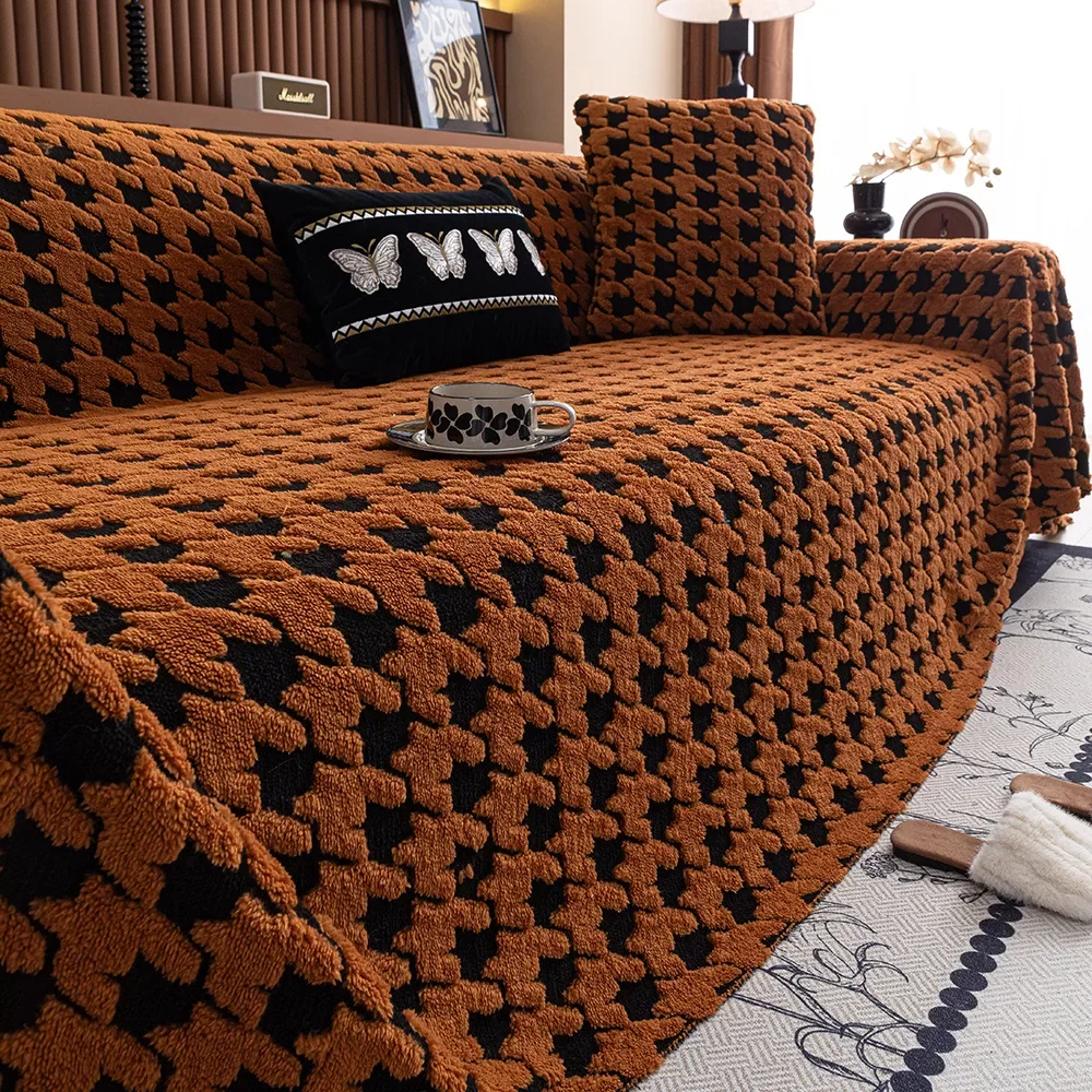 EIFLOY-Houndstooth Plush Sofa Cover, Anti Slip, Blanket, 3 Seat, Thick Corner Couch Slipcover, Velvet Furniture Protector, Soft