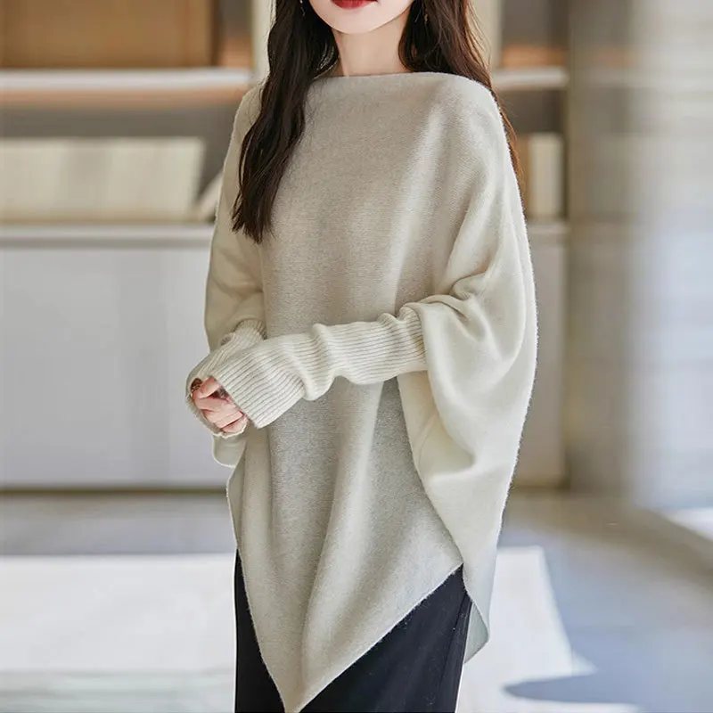 2025 Lazy Wind Fighting Knitted Shirt Women's Autumn and Winter Clothing New Loose Irregular Bat Sleeve Sweater Look Thin Top