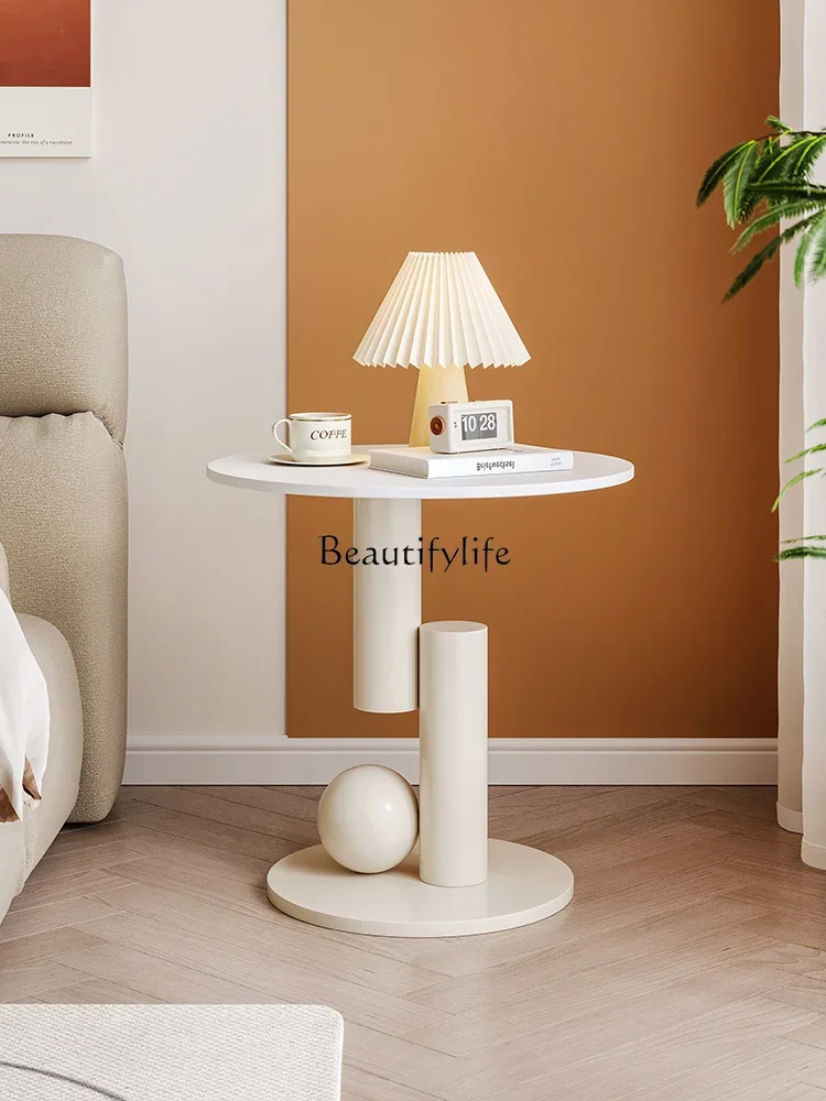 FG28Cream نمط لوحة حجرية طاولة جانبية منزلية صغيرة شقة غرفة المعيشة طاولة جانبية السرير طاولة مستديرة صغيرة #2