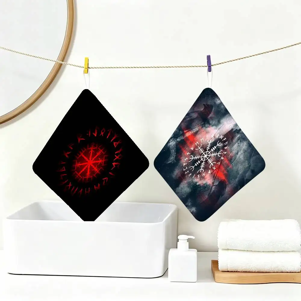Simple Pattern Viking Vegvisir Logo Polyester Cotton Hand Wiping Towel, Anti-shrink Hanging Kitchen Cloth for Household Cleaning