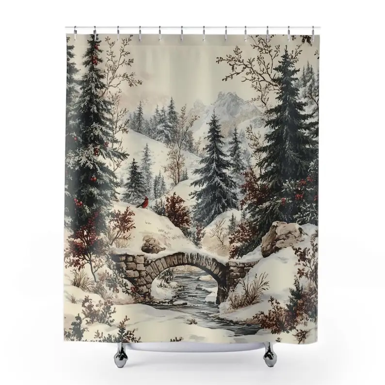 ستارة دش لمشهد الجبال لعيد الميلاد مع الخضرة الدائمة للشتاء والكاردينال، ديكور طبيعي جمالي لعطلة الحمام المنعشة #1