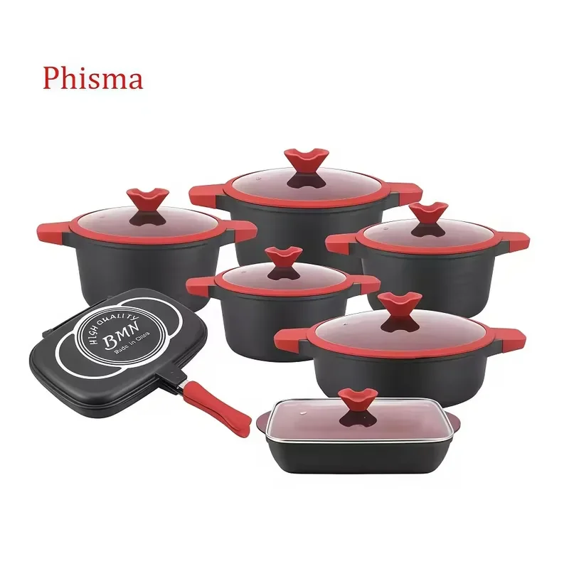 Factory Direct 14PCS Non-stick High Quality Die-cast Aluminum Induction Bottom Non Toxic Cookware Set with Silicone Glass Lid