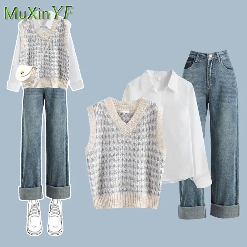 2023 Autumn/Winter New in Matching Set Women\'s Fashion Knitted Vest+Shirt+Jeans 3 Piece Korean Elegant Blouse Denim Pants Suit