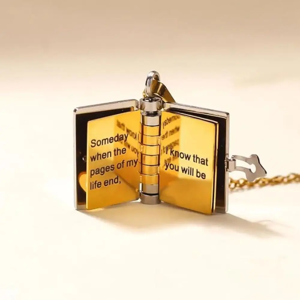 Openable Book Gold Color Stainless Steel Message Mini Book Pendant with Pages of Engraved Information Chapter Book
