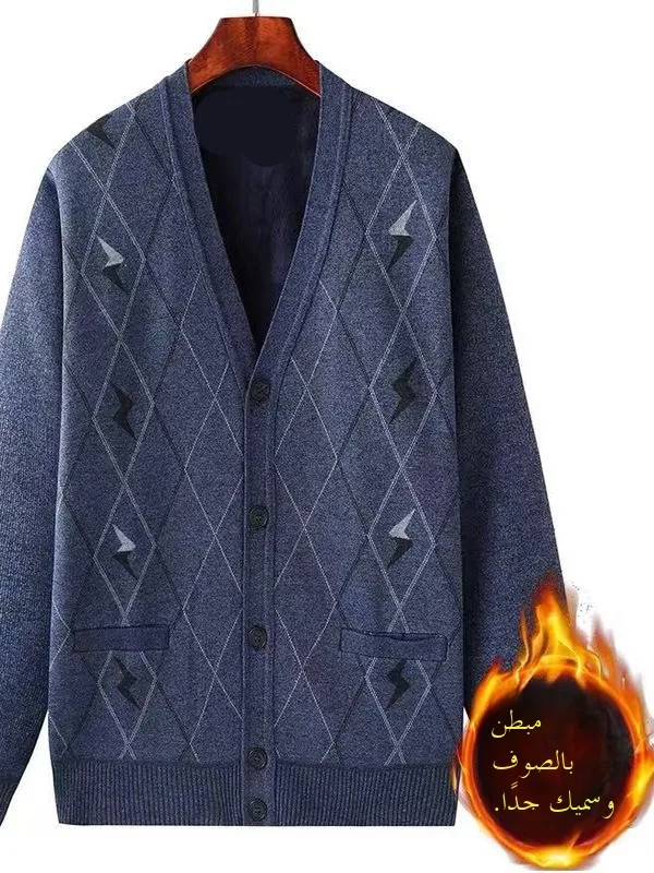 

Thiened Fce Warm Knitted Cardigan for Middle-Aged And ly Men Spring Autumn Winter Casual Wear V-Ne Polyester Fiber