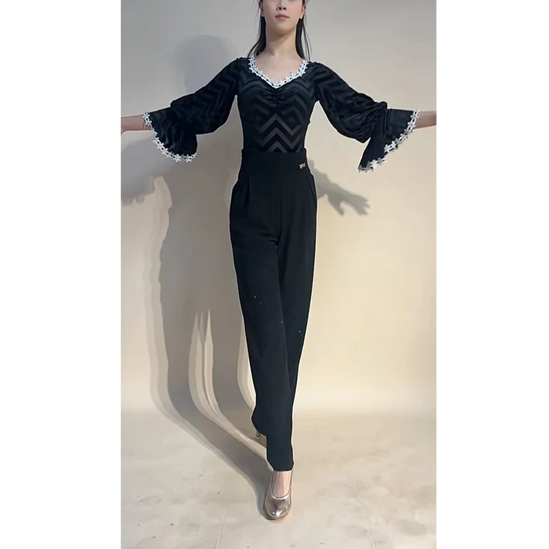 

2026 Ballroom Dance Clothes Women Black Lace Tops Rhinestone Pants Waltz Dance Performance Costume Club Salsa Dancewear BL18547