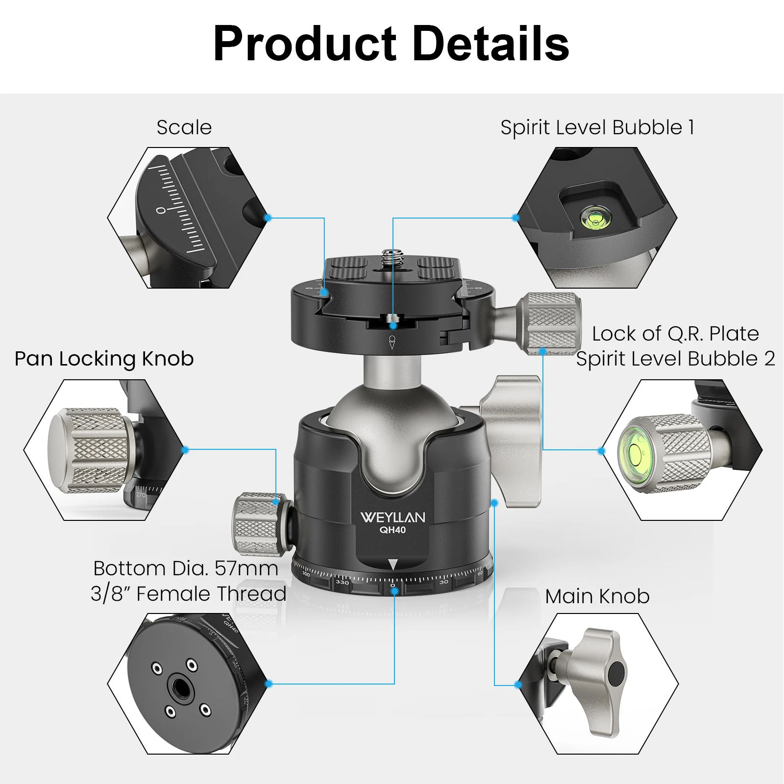 Tripod Head Universal Ballhead Low Profile All Metal Panoramic Monopod Ball Head Mount Quick Release Plate for DSLR Camera QH40