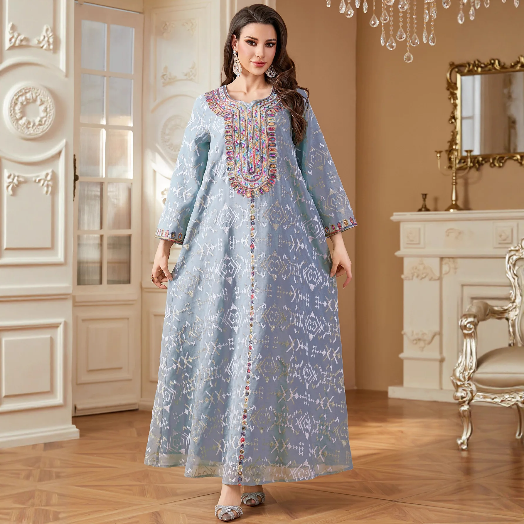 

Fashion Dubai Muslim Women Embroidered abaya Dresses for Morocco Ramadan Loose Arab Robe Jalabiya Casual Kaftan Turkish Islam