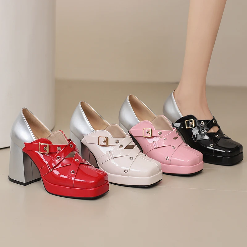 

British Style Punk Gothic Loafers Shoes Women Patent Leather Patchwork Square Toe Platform Chunky Heels Belt Buckle Pumps 33-48