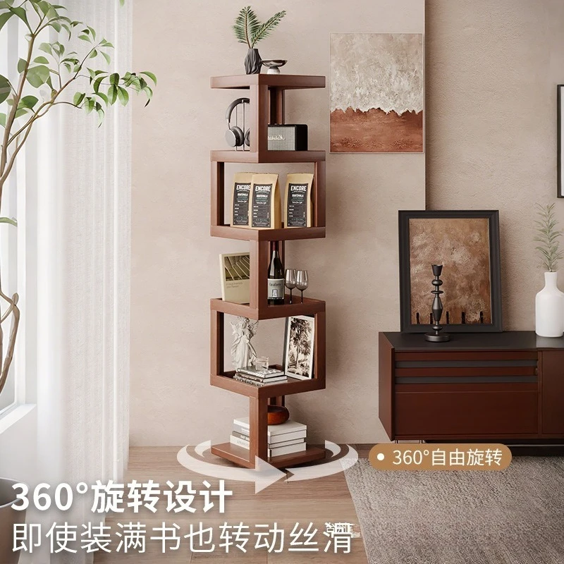 Rotating bookshelf 360-degree bookcase Floor shelf integrated against the wall Corner children's living room Simple solid wood