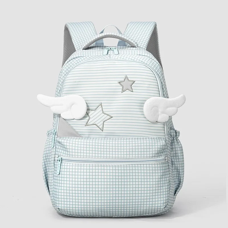 Star Plaid Print Women Backpack Cute Wing Accents Two Shoulders Bag Teen Girl Sweet Cute Daypack Large Light Student School Bags