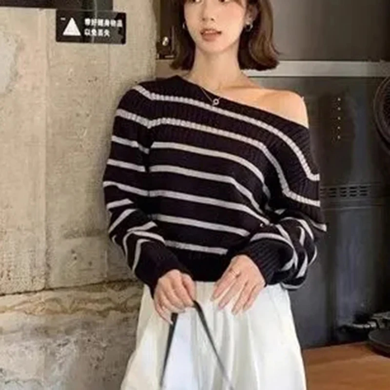 

Korean Stripe Knit Sweater Women Sexy Off Shoulder Loose Lazy Pullover Sweet Long Sleeve Spring Fall Casual Cropped Top