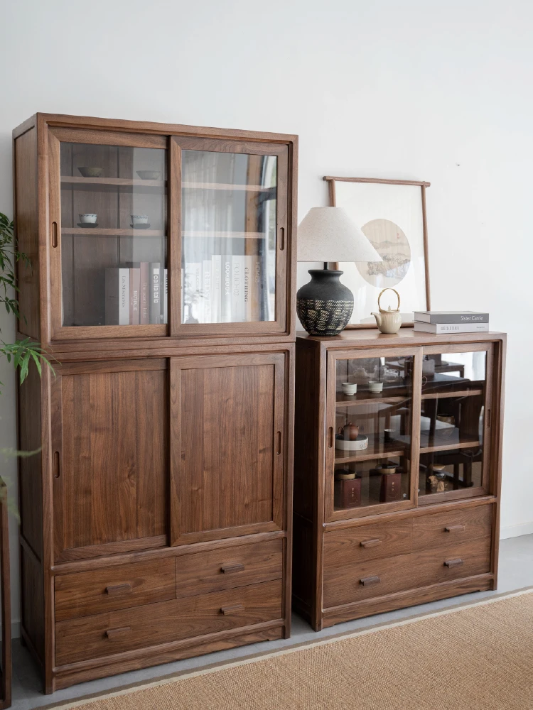 Zen New Chinese Combination Storage Cabinet Black Walnut Solid Wood Storage Display Shelf Sliding Door Cabinet