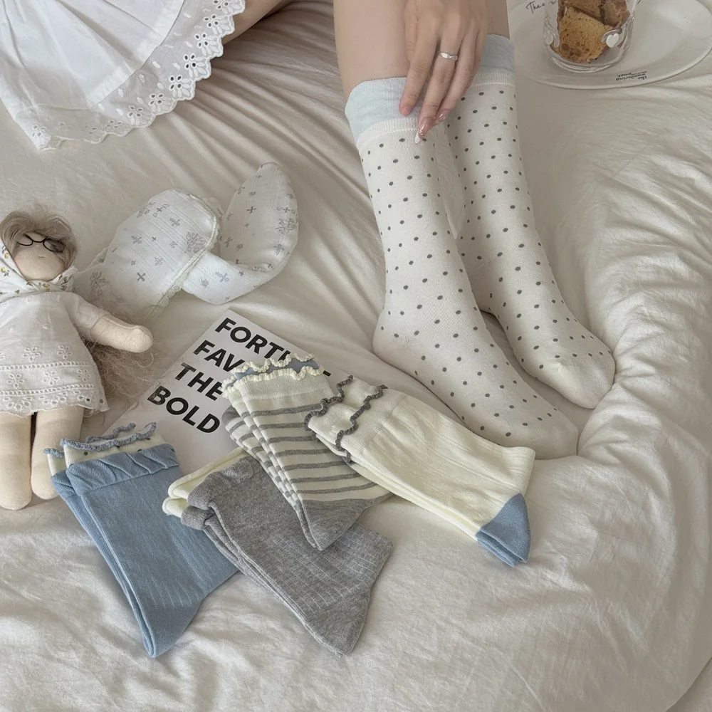 

Autumn and Winter New Middle Tube Socks Women Polka Dot Striped Cotton Long Socks Lolita Sweet Girls Japanese Kawaii Cute Socks