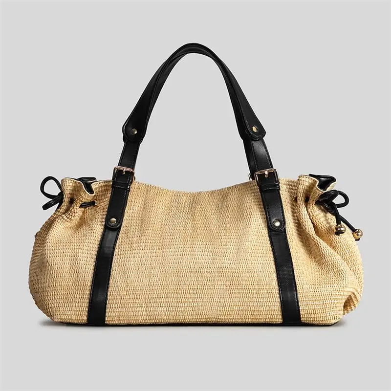 

Women's Woven Handbag Fashion Drawstring Pleated Tote Bag Large Capacity Patchwork Handbag Bohemian Straw Beach Vacation Bag
