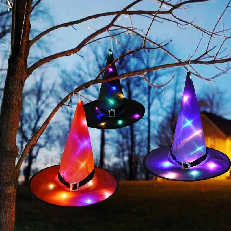 Halloween Decoration LED Lights Witch Hats Halloween Costume Cosplay Props Outdoor Tree Hanging Ornament Halloween Party Decor